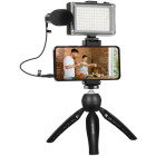 Microfon Puluz Kit de inregistrare live trepied + lumina LED + microfon + clema pentru telefon
