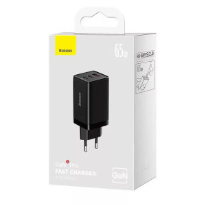 Baseus GaN5 Pro, 2x USB-C, 1x USB, Quick Charge 65W, Black