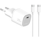 Incarcator retea Celly 1x USB-C, Quick Charge 25 W, GaN, White + Cablu USB-C