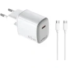 Incarcator retea Celly 1x USB-C, Quick Charge 45 W, GaN, White + Cablu USB-C