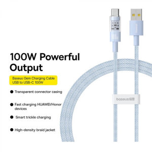 Baseus Gem, USB Male la USB-C Male, 100W, 2 m, Blue