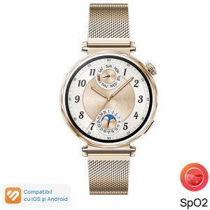 Huawei Watch GT 5, 41mm Pale Gold Stainless Steel, curea Gold Milanese