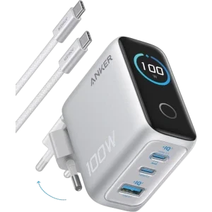 Anker B121BG41, 2x USB-C, 1x USB, Quick Charge 100 W, GaN, Display, Silver + Cablu USB-C inclus