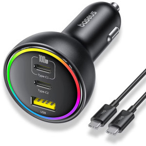 Incarcator auto Baseus C00036101111-00, 2x USB-C, 1x USB, 152 W, Black + cablu USB-C