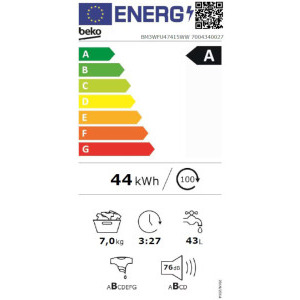 Beko BM3WFU47415WW, 7 kg, 1400 RPM, Clasa A, ProSmart Inverter, EnergySpin, AquaWave, SteamTherapy, Iron Fast, Alb
