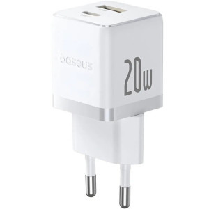 Incarcator retea Baseus Palm, Quick Charge 20W, 1x USB, 1x USB-C, White + cablu USB Type-C la USB Type-C 1m