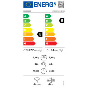 Heinner HWDM-M814IVKB, Slim, 8 kg spalare, 6 kg uscare, 1400 RPM, Clasa B, Inverter, Display LED, Control Touch, Alb