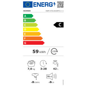 Heinner HWM-H7014IVSMTC+++, Slim, 7 kg, 1400 RPM, Clasa C, Inverter, Display, Blocare acces copii, Gri
