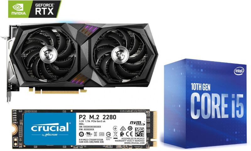 Placa video MSI GeForce RTX 3060 Ti GAMING X LHR 8GB GDDR6 256-bit + Intel Comet Lake, Core i5 10400 2.9GHz box + Crucial P2 1TB PCI Express 3.0 x4 M.2 2280