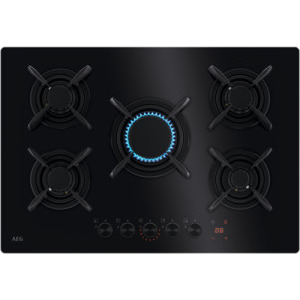 Plita incorporabila AEG HKB75453NB, 5 arzatoare, Aprindere electrica, Gratare fonta, Timer electronic, 75 cm, Negru