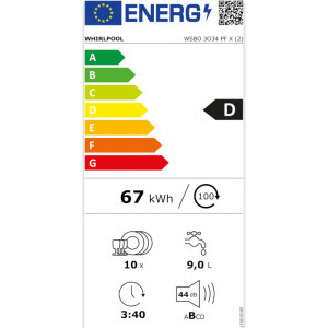 Whirlpool WSBO3O34PFX, Slim, 10 seturi, 8 programe, Clasa D, 6th Sense, Power Clean, 45 cm