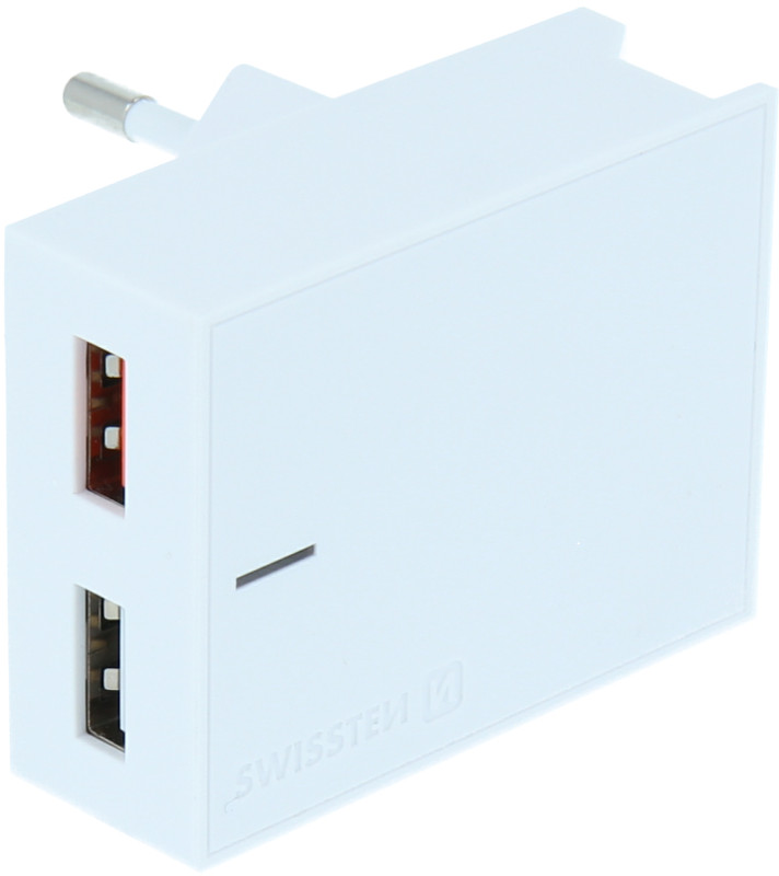 Incarcator retea GSM Swissten Slim, 2x USB, 23W, White cu tehnologia Quick Charge 3.0