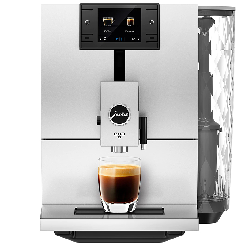 Espressor de cafea JURA automat ENA8, 15 bari, 1.1 l, 125 gr, rasnita AromaG3, 10 specialitati One Touch, afisaj color, Alb, 1450W