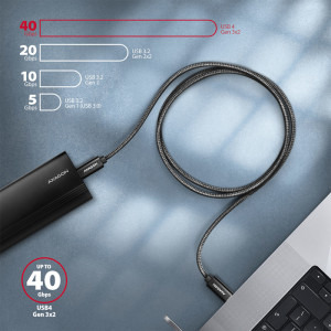 AXAGON USB-C 4 Gen 3x2 Male la USB-C 4 Gen 3x2 Male, 1 m, PD 100W, 5A, Negru