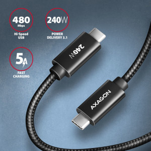 AXAGON USB-C 2.0 Male la USB-C 2.0 Male, 3 m, PD 240W, 5A, Negru