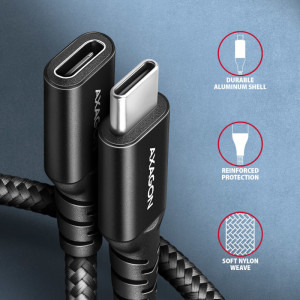 AXAGON USB-C 3.2 Gen 2 Male la USB-C 3.2 Gen 2 Female, 0.5 m, PD 240W, 5A, Negru