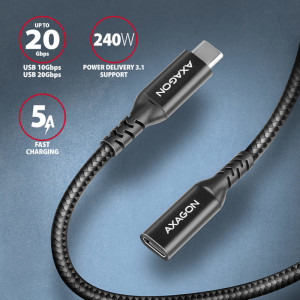 AXAGON USB-C 3.2 Gen 2 Male la USB-C 3.2 Gen 2 Female, 0.5 m, PD 240W, 5A, Negru