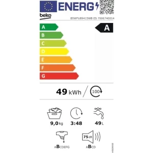 Beko B5WFU89415WB ES, 9 kg, 1400 RPM, Clasa A, ProSmart Inverter, EnergySpin, SteamCure, AquaWave, HomeWhiz, Alb