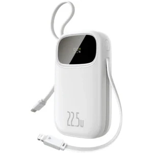 Baseus Qpow3, 10000 mAh, 1x USB, 22.5 W, Display, Cablu USB-C & Lightning integrat, White