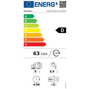 Electrolux ESG42310SW, Slim, 9 seturi, 8 programe, Clasa D, Inverter, 45 cm, Alb
