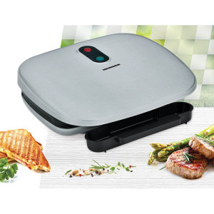 Heinner Gratar electric AriaGrill HEG-F1000SL, 1000W; placi fixe turnate 27 x 23 cm, invelis antiaderent, maner rece, Indicator luminos, tava pentru colectare ulei, Argintiu