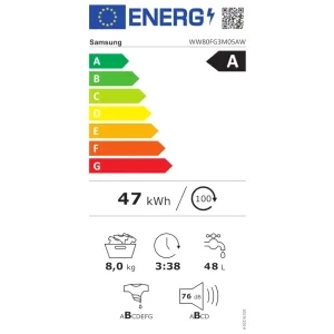 Samsung WW80FG3M05AWLF, Slim, 8 kg, 1400 RPM, Clasa A, Digital Inverter, Hygiene Steam, Alb