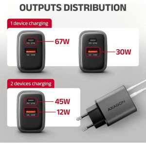 AXAGON ACU-PQ67, 1x USB-C, 1x USB, PD/QC 67W, GaN, Grey
