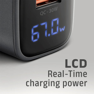 AXAGON ACU-PQ67D, 1x USB-C, 1x USB, PD/QC 67W, GaN, Display, Grey