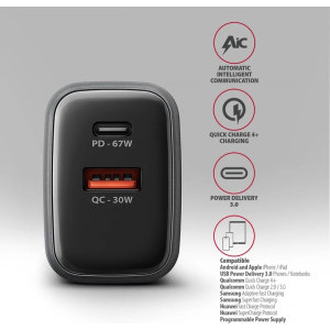 AXAGON ACU-PQ67D, 1x USB-C, 1x USB, PD/QC 67W, GaN, Display, Grey