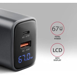 AXAGON ACU-PQ67D, 1x USB-C, 1x USB, PD/QC 67W, GaN, Display, Grey