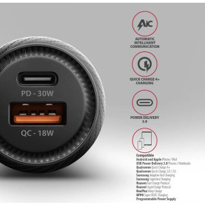 AXAGON PWC-PQ48, 1x USB-C, 1x USB, 48W, PD3.0 & QC4+, Black