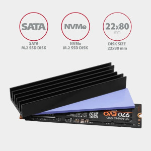 AXAGON Cooler Pasiv CLR-M2L10, Pentru M.2 SSD 80mm, Aluminiu, paduri termice silicon incluse, inaltime 10mm