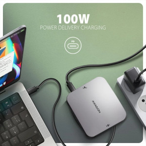 AXAGON Docking Station HMC-UFO, USB-C 10Gbps, 9-in-1, 100W Power Delivery, 4K HDMI, NVMe/SATA M.2, Gigabit LAN, SD/microSD, Jack 3.5mm