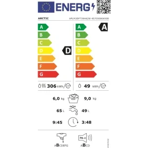 Arctic APLM3DFT39442W, Spalare 9 kg, Uscare 6 kg, 1400 RPM, Clasa D, Silent Inverter, IronExpress, Alb