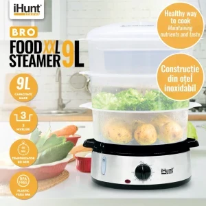 iHunt Aparat de gatit cu aburi, Aparat de gatit cu abur Bro Steamer XXL, 800W, 9L, Argintiu/Negru