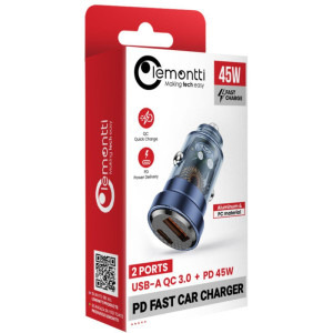 Lemontti 1x USB-C Fast Charging PD, 1x USB-A QC 3.0, 45W, Transparent/Blue