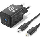 Incarcator retea Vention GaN, 1x USB-C, Quick Charge 20W, Black + Cablu inclus USB-C la Lightning