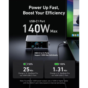 Anker Prime A2345, 4x USB-C, 2x USB, Quick Charge 250 W, GaN, Display, Grey