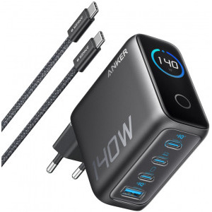 Incarcator retea Anker Zolo B2697GZ1, 3x USB-C, 1x USB, Quick Charge 140 W, GaN, Display, Grey + Cablu USB-C inclus