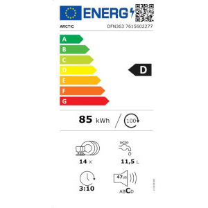 Arctic DFN363, 14 seturi, 6 programe, Clasa D, Deschidere automata a usii, Aqua Protect, 60 cm, Alb