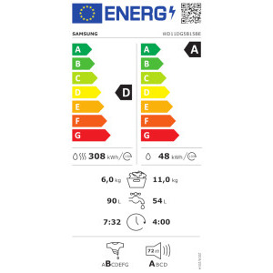 Samsung WD11DG5B15BELE, Spalare 11 kg, Uscare 6 kg, 1400 RPM, Clasa D, AI EcoBubble, Air Wash, AI Energy, Digital Inverter, Alb