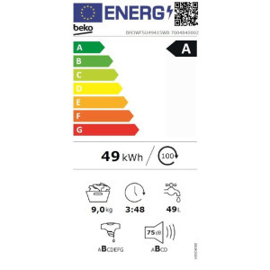 Beko BM3WFSU49415WB, 9 kg, 1400 RPM, Clasa A, ProSmart Inverter, ColdWash, SteamCure, Alb