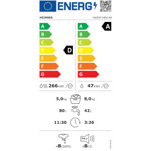 Heinner HWDM-H8514A, Spalare 8 kg, Uscare 5 kg, 1400 RPM, Clasa A, Inverter, Display LED, Blocare acces copii, Alb