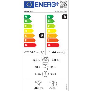 Samsung WD90DG5G34BELE, Slim, Spalare 9 kg, Uscare 5 kg, 1400 RPM, Clasa A, Digital Inverter, AI EcoBubble, AI Energy, Hygiene Steam, SpaceMax, SmartThings, Alb