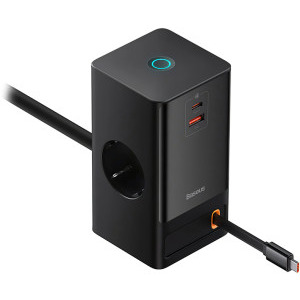 Baseus GaN3 Pro Powerstrip, 1x USB-C, 1x USB, 2x Schuko, Quick Charge 65 W, Cablu USB-C integrat, Black