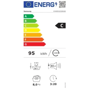 Samsung DV80DG52B0ABLE, Pompa de caldura, 8 kg, Clasa C, Digital Inverter, Hygiene Care, OptimalDry, SmartThings, Iluminare interioara, Negru