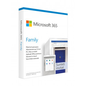 Microsoft 365 Family, Subscriptie 1 an, 6 Utilizatori, Engleza, Medialess Retail