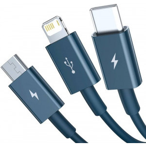 Baseus 3-In-1, Superior Series, CAMLTYS-03, USB Male la microUSB, USB-C, Lightning Male, 1.2 m, Blue, amperaj maxim suportat 3.5A