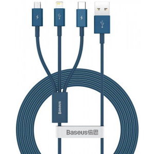 Cablu de date / adaptor Baseus 3-In-1, Superior Series, CAMLTYS-03, USB Male la microUSB, USB-C, Lightning Male, 1.2 m, Blue, amperaj maxim suportat 3.5A