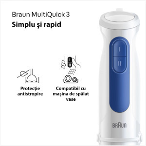 Braun Mixer vertical MultiQuick 3 MQ30202M, 900W, 0.6 L / 0.35L, Alb/Albastru